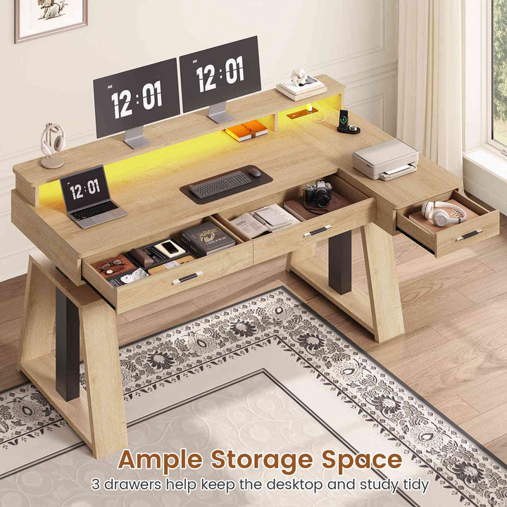 SEDETA 59 Inch L Shaped Electric Standing Desk Executive Height Adjustable Computer Desk with Drawers Power Outlets Monitor Stand