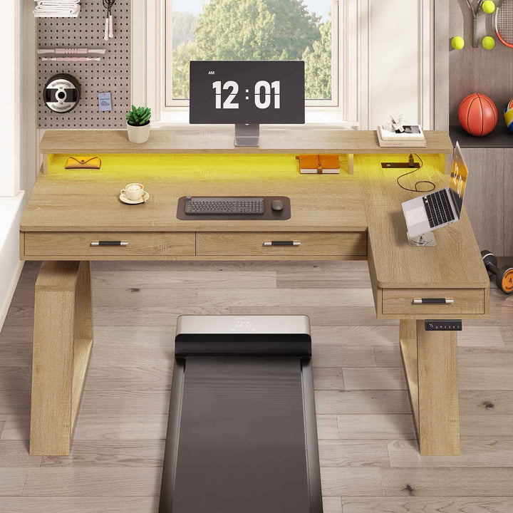 SEDETA 59 Inch L Shaped Electric Standing Desk Executive Height Adjustable Computer Desk with Drawers Power Outlets Monitor Stand