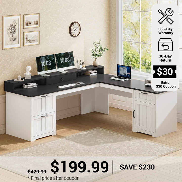 SEDETA® 63 Inch Farmhouse L Shaped Computer Desk Wood Ergonomic Office Desk with Storage File Drawers Monitor Stand