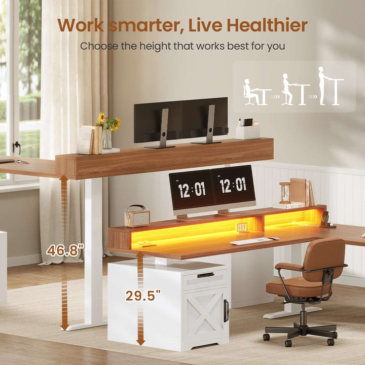 SEDETA 70.1 Inch Farmhouse L Shaped Standing Desk Electric Height Adjustable Executive Desk with Drawers Power Outlet Printer Stand Monitor Stand Led Lights