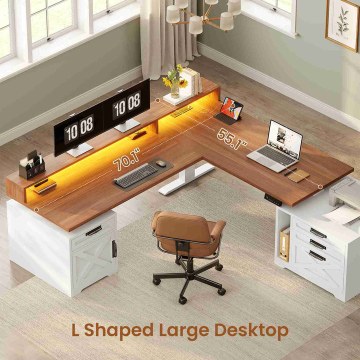 SEDETA 70.1 Inch Farmhouse L Shaped Standing Desk Electric Height Adjustable Executive Desk with Drawers Power Outlet Printer Stand Monitor Stand Led Lights