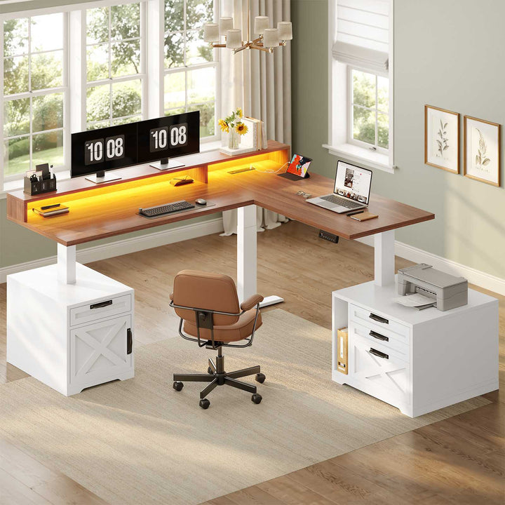 SEDETA 70.1 Inch Farmhouse L Shaped Standing Desk Electric Height Adjustable Executive Desk with Drawers Power Outlet Printer Stand Monitor Stand Led Lights