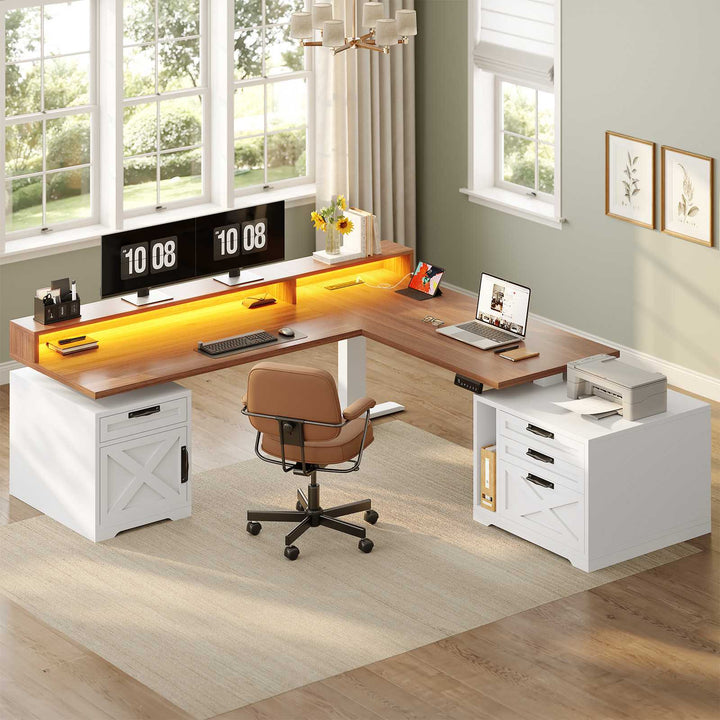 SEDETA 70.1 Inch Farmhouse L Shaped Standing Desk Electric Height Adjustable Executive Desk with Drawers Power Outlet Printer Stand Monitor Stand Led Lights