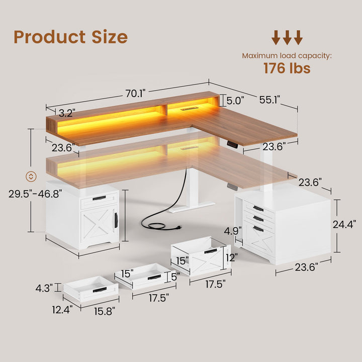 SEDETA 70.1 Inch Farmhouse L Shaped Standing Desk Electric Height Adjustable Executive Desk with Drawers Power Outlet Printer Stand Monitor Stand Led Lights