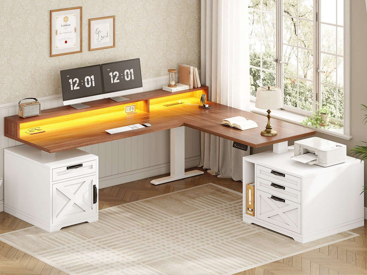 SEDETA 70.1 Inch Farmhouse L Shaped Standing Desk Electric Height Adjustable Executive Desk with Drawers Power Outlet Printer Stand Monitor Stand Led Lights