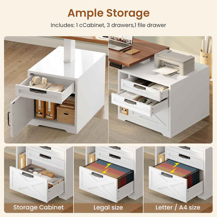SEDETA 70.1 Inch Farmhouse L Shaped Standing Desk Electric Height Adjustable Executive Desk with Drawers Power Outlet Printer Stand Monitor Stand Led Lights