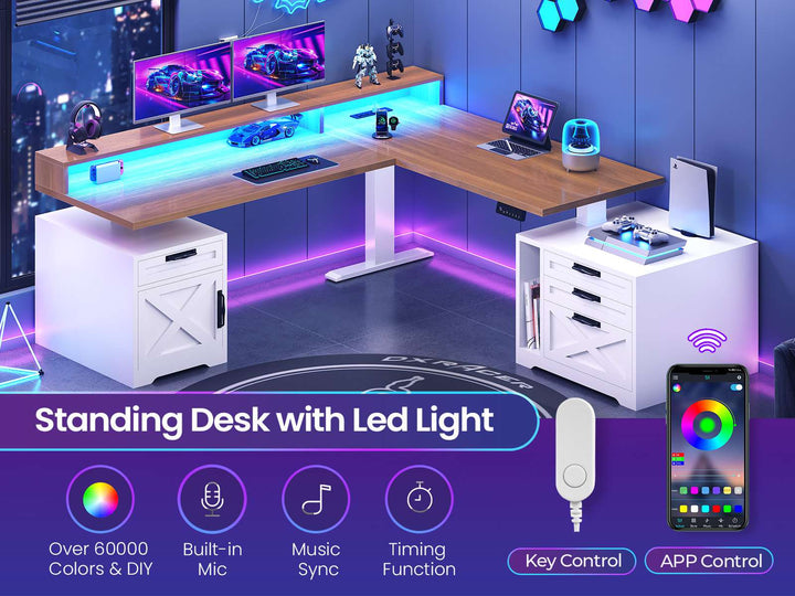 SEDETA 70.1 Inch Farmhouse L Shaped Standing Desk Electric Height Adjustable Executive Desk with Drawers Power Outlet Printer Stand Monitor Stand Led Lights