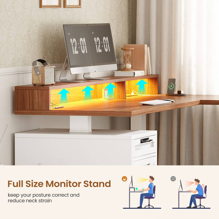 SEDETA 70.1 Inch Farmhouse L Shaped Standing Desk Electric Height Adjustable Executive Desk with Drawers Power Outlet Printer Stand Monitor Stand Led Lights