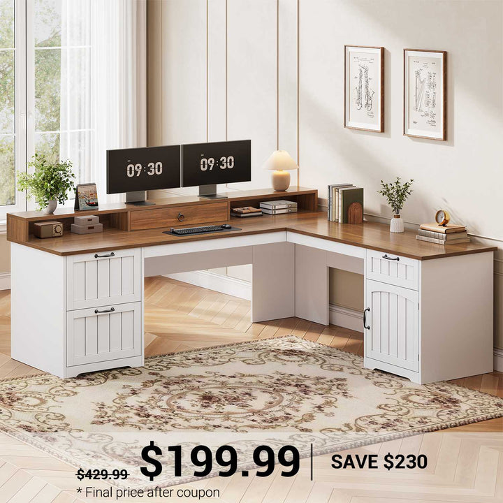 SEDETA® 63 Inch Farmhouse L Shaped Computer Desk Wood Ergonomic Office Desk with Storage File Drawers Monitor Stand