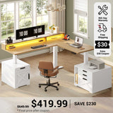 SEDETA 70.1 Inch Farmhouse L Shaped Standing Desk Electric Height Adjustable Executive Desk with Drawers Power Outlet Printer Stand Monitor Stand Led Lights