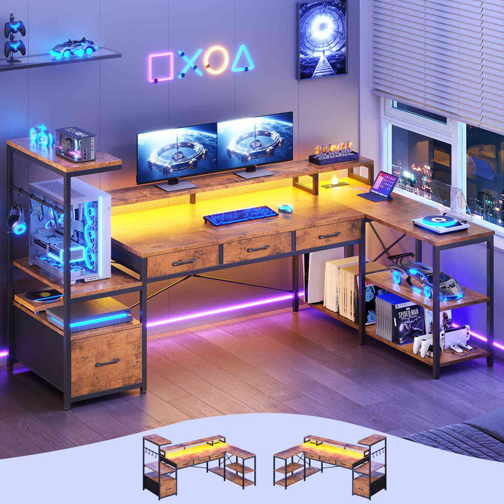 SEDETA 59 Inch L Shaped Gaming Desk with PC Display Stand Reversible Computer Desk with Storage Shelves 4 Drawer Modern Gamer Desk Table with LED Lights
