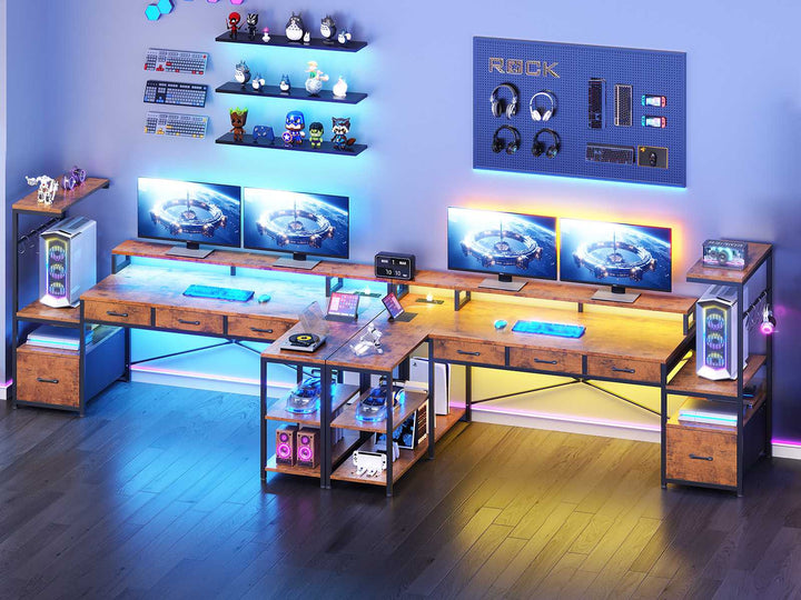 SEDETA 59 Inch L Shaped Gaming Desk with PC Display Stand Reversible Computer Desk with Storage Shelves 4 Drawer Modern Gamer Desk Table with LED Lights