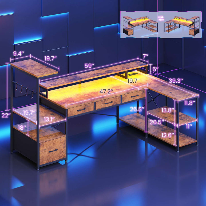 SEDETA 59 Inch L Shaped Gaming Desk with PC Display Stand Reversible Computer Desk with Storage Shelves 4 Drawer Modern Gamer Desk Table with LED Lights