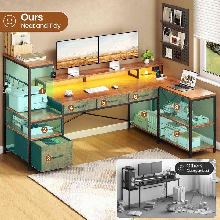 SEDETA 59 Inch L Shaped Gaming Desk with PC Display Stand Reversible Computer Desk with Storage Shelves 4 Drawer Modern Gamer Desk Table with LED Lights