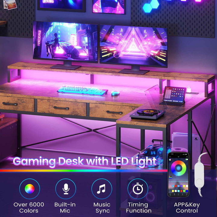 SEDETA 59 Inch L Shaped Gaming Desk with PC Display Stand Reversible Computer Desk with Storage Shelves 4 Drawer Modern Gamer Desk Table with LED Lights