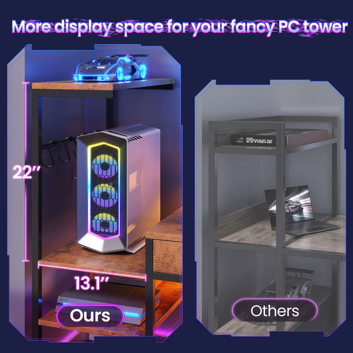 SEDETA 59 Inch L Shaped Gaming Desk with PC Display Stand Reversible Computer Desk with Storage Shelves 4 Drawer Modern Gamer Desk Table with LED Lights