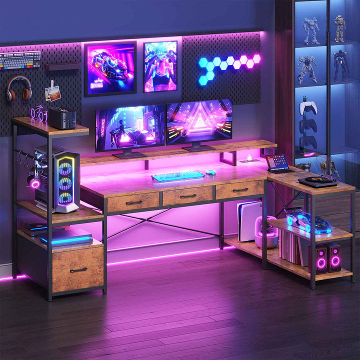 SEDETA 59 Inch L Shaped Gaming Desk with PC Display Stand Reversible Computer Desk with Storage Shelves 4 Drawer Modern Gamer Desk Table with LED Lights
