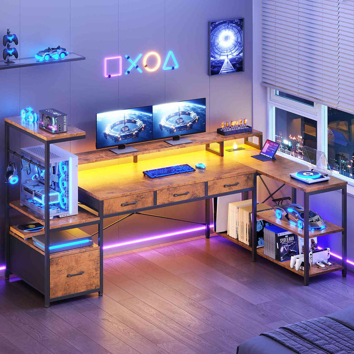 SEDETA 59 Inch L Shaped Gaming Desk with PC Display Stand Reversible Computer Desk with Storage Shelves 4 Drawer Modern Gamer Desk Table with LED Lights