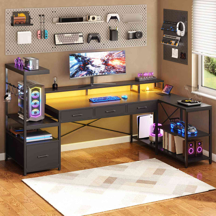 SEDETA 59 Inch L Shaped Gaming Desk with PC Display Stand Reversible Computer Desk with Storage Shelves 4 Drawer Modern Gamer Desk Table with LED Lights