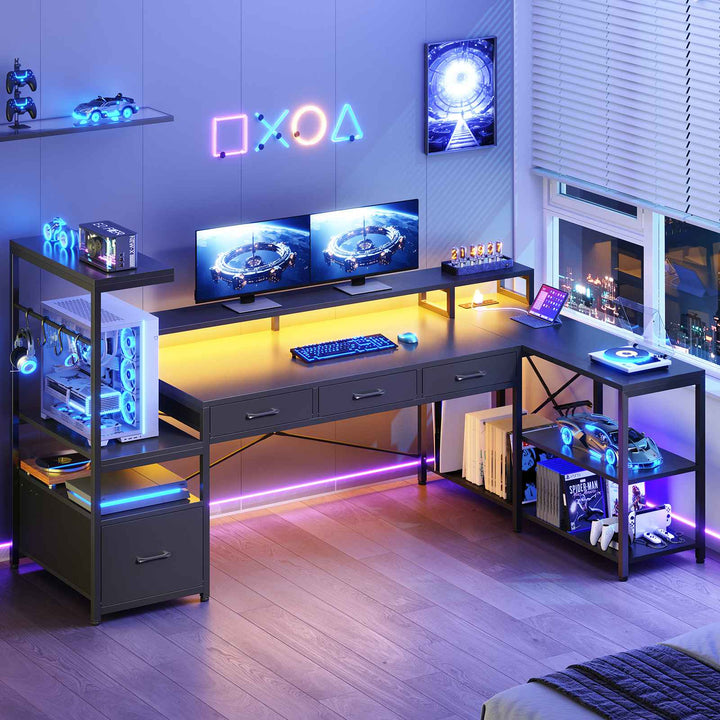 SEDETA 59 Inch L Shaped Gaming Desk with PC Display Stand Reversible Computer Desk with Storage Shelves 4 Drawer Modern Gamer Desk Table with LED Lights