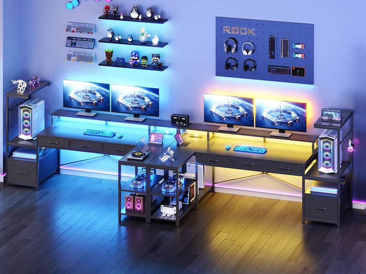 SEDETA 59 Inch L Shaped Gaming Desk with PC Display Stand Reversible Computer Desk with Storage Shelves 4 Drawer Modern Gamer Desk Table with LED Lights