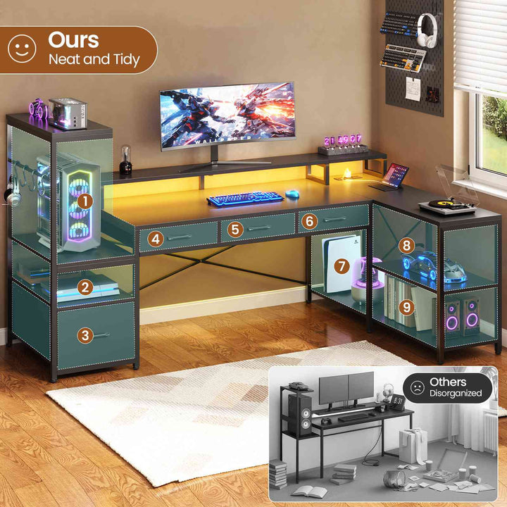 SEDETA 59 Inch L Shaped Gaming Desk with PC Display Stand Reversible Computer Desk with Storage Shelves 4 Drawer Modern Gamer Desk Table with LED Lights