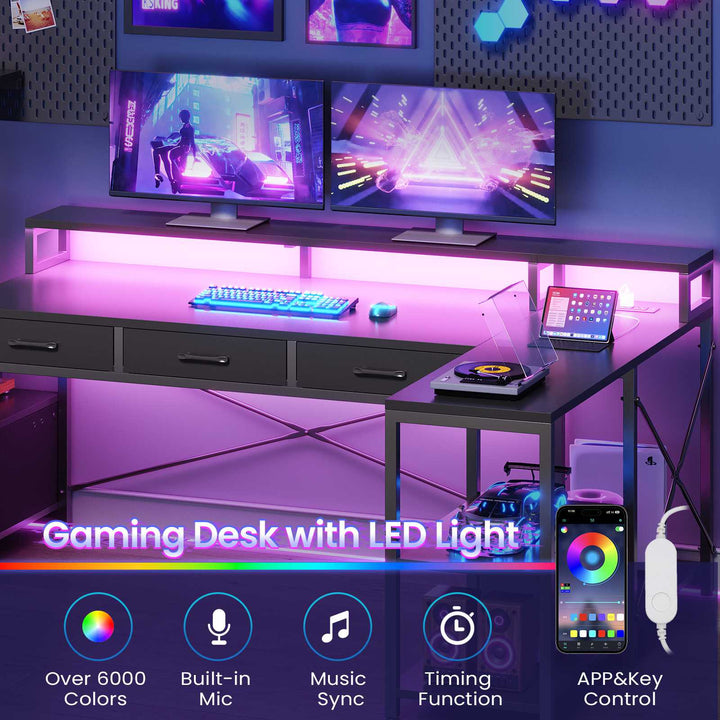 SEDETA 59 Inch L Shaped Gaming Desk with PC Display Stand Reversible Computer Desk with Storage Shelves 4 Drawer Modern Gamer Desk Table with LED Lights