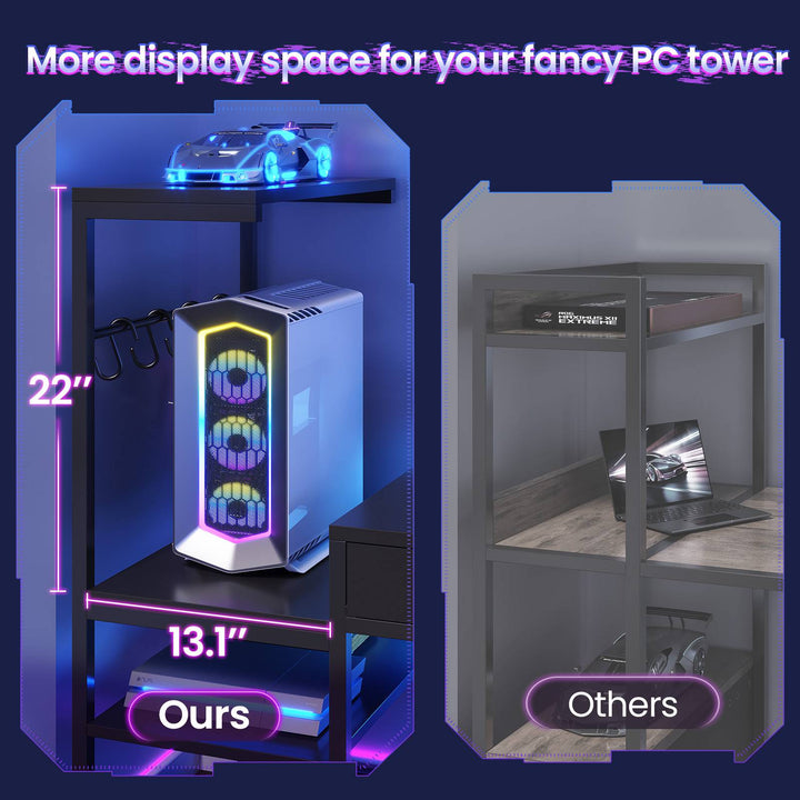 SEDETA 59 Inch L Shaped Gaming Desk with PC Display Stand Reversible Computer Desk with Storage Shelves 4 Drawer Modern Gamer Desk Table with LED Lights