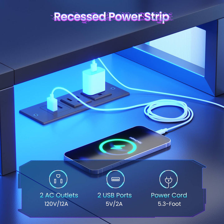 SEDETA 59 Inch L Shaped Gaming Desk with PC Display Stand Reversible Computer Desk with Storage Shelves 4 Drawer Modern Gamer Desk Table with LED Lights