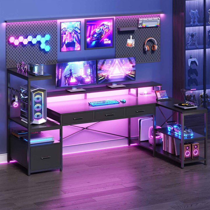 SEDETA 59 Inch L Shaped Gaming Desk with PC Display Stand Reversible Computer Desk with Storage Shelves 4 Drawer Modern Gamer Desk Table with LED Lights