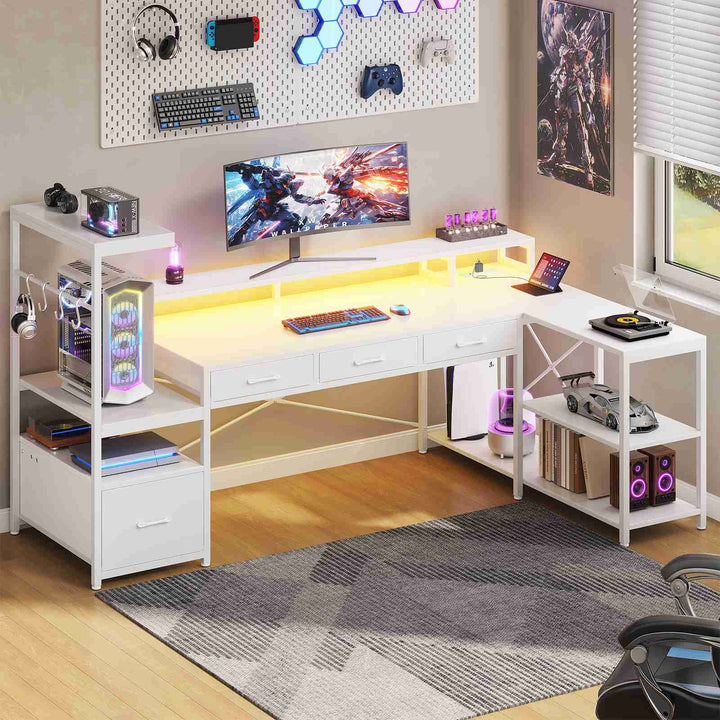 SEDETA 59 Inch L Shaped Gaming Desk with PC Display Stand Reversible Computer Desk with Storage Shelves 4 Drawer Modern Gamer Desk Table with LED Lights