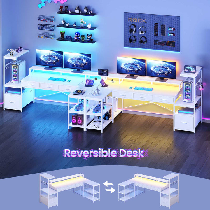 SEDETA 59 Inch L Shaped Gaming Desk with PC Display Stand Reversible Computer Desk with Storage Shelves 4 Drawer Modern Gamer Desk Table with LED Lights