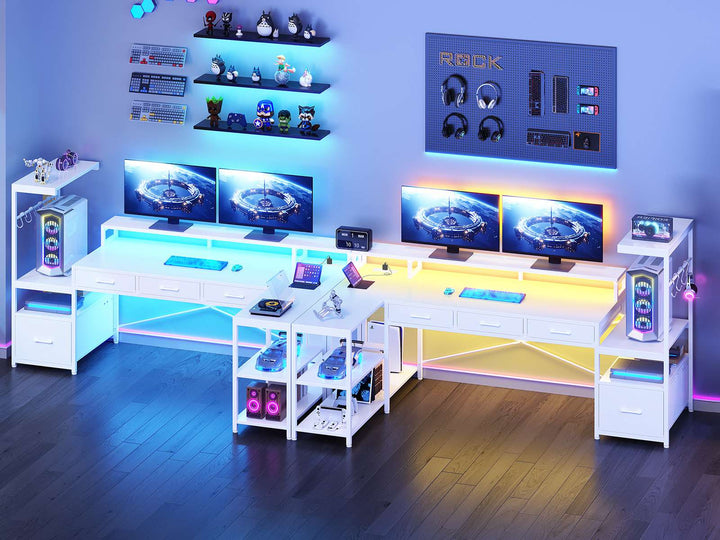 SEDETA 59 Inch L Shaped Gaming Desk with PC Display Stand Reversible Computer Desk with Storage Shelves 4 Drawer Modern Gamer Desk Table with LED Lights