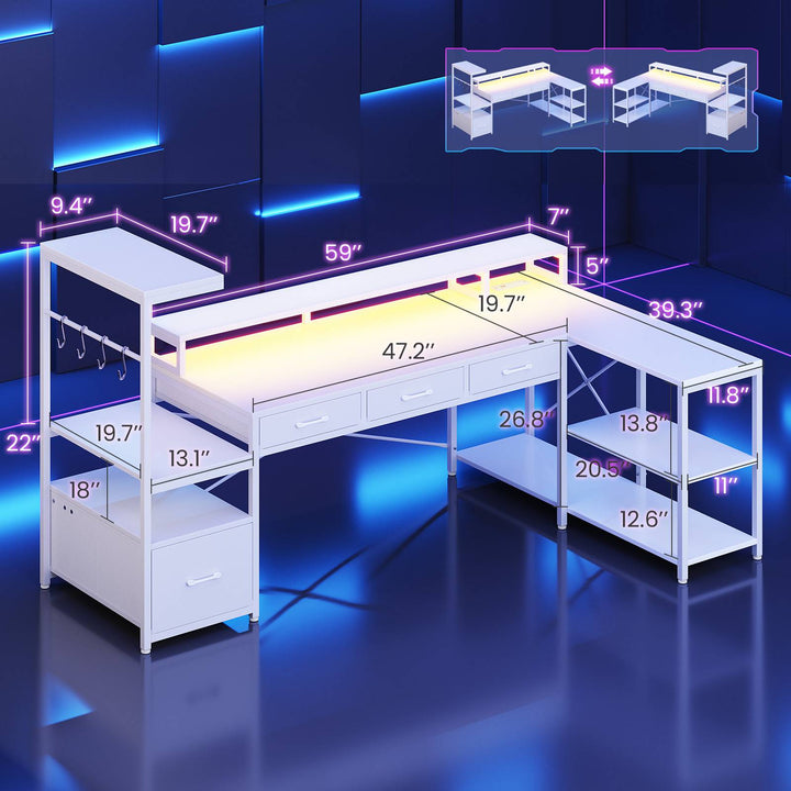 SEDETA 59 Inch L Shaped Gaming Desk with PC Display Stand Reversible Computer Desk with Storage Shelves 4 Drawer Modern Gamer Desk Table with LED Lights