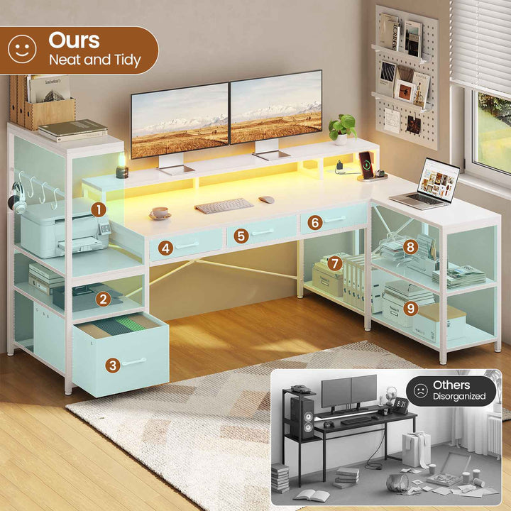 SEDETA 59 Inch L Shaped Gaming Desk with PC Display Stand Reversible Computer Desk with Storage Shelves 4 Drawer Modern Gamer Desk Table with LED Lights