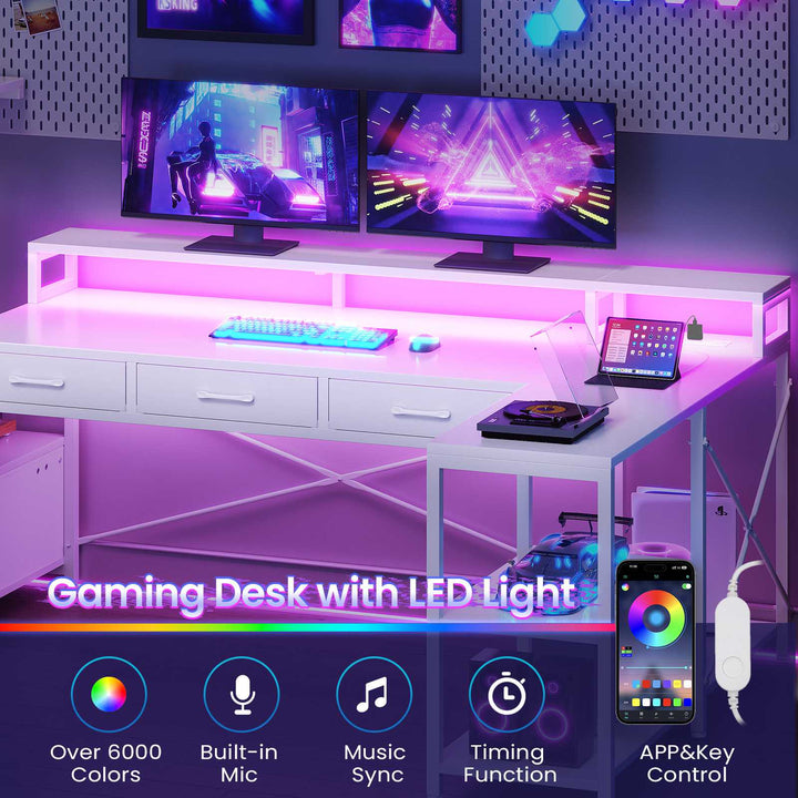 SEDETA 59 Inch L Shaped Gaming Desk with PC Display Stand Reversible Computer Desk with Storage Shelves 4 Drawer Modern Gamer Desk Table with LED Lights