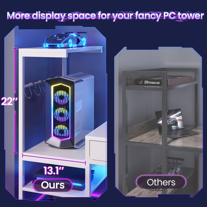 SEDETA 59 Inch L Shaped Gaming Desk with PC Display Stand Reversible Computer Desk with Storage Shelves 4 Drawer Modern Gamer Desk Table with LED Lights