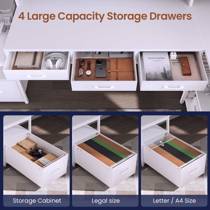 SEDETA 59 Inch L Shaped Gaming Desk with PC Display Stand Reversible Computer Desk with Storage Shelves 4 Drawer Modern Gamer Desk Table with LED Lights
