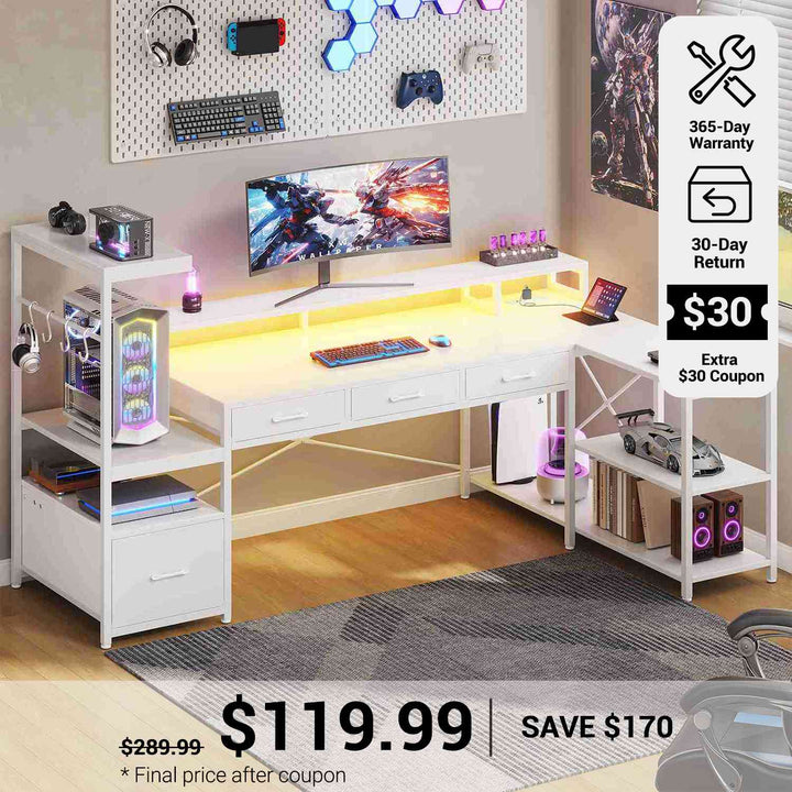 SEDETA® 59 Inch Reversible Computer Desk with Storage Shelves 4 Drawer L Shaped Gaming Desk with PC Display Stand Modern Gamer Desk Table with LED Lights