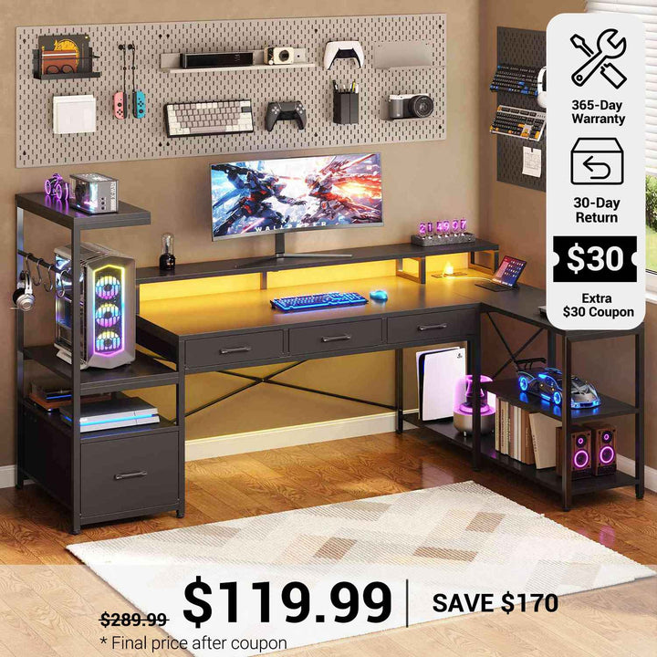 SEDETA® 59 Inch Reversible Computer Desk with Storage Shelves 4 Drawer L Shaped Gaming Desk with PC Display Stand Modern Gamer Desk Table with LED Lights