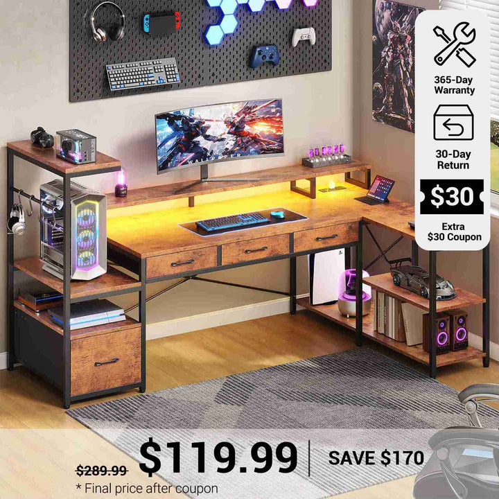 SEDETA® 59 Inch Reversible Computer Desk with Storage Shelves 4 Drawer L Shaped Gaming Desk with PC Display Stand Modern Gamer Desk Table with LED Lights