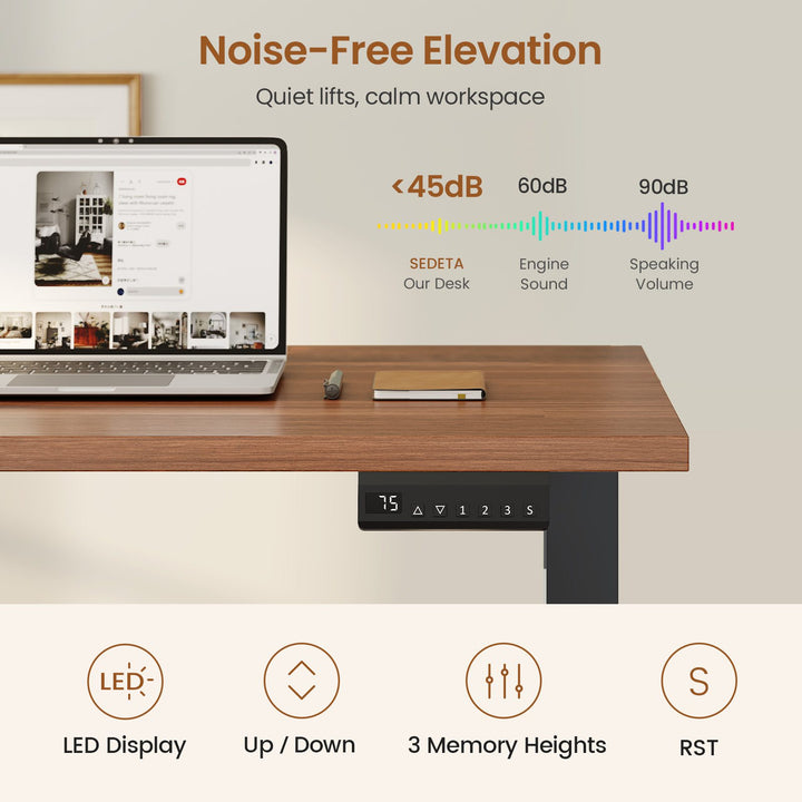 SEDETA 70.1 Inch Farmhouse L Shaped Standing Desk Electric Height Adjustable Executive Desk with Drawers Power Outlet Printer Stand Monitor Stand Led Lights