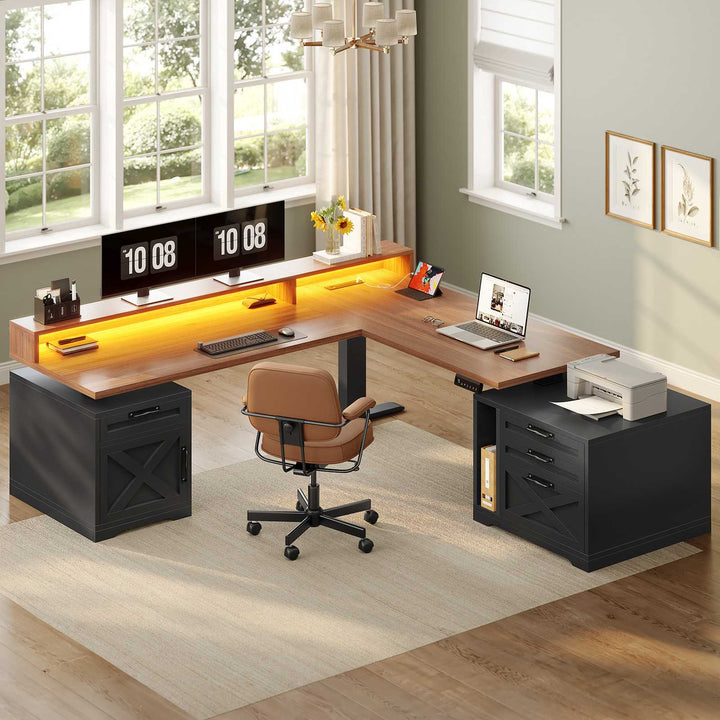 SEDETA 70.1 Inch Farmhouse L Shaped Standing Desk Electric Height Adjustable Executive Desk with Drawers Power Outlet Printer Stand Monitor Stand Led Lights