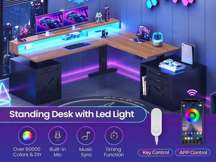 SEDETA 70.1 Inch Farmhouse L Shaped Standing Desk Electric Height Adjustable Executive Desk with Drawers Power Outlet Printer Stand Monitor Stand Led Lights