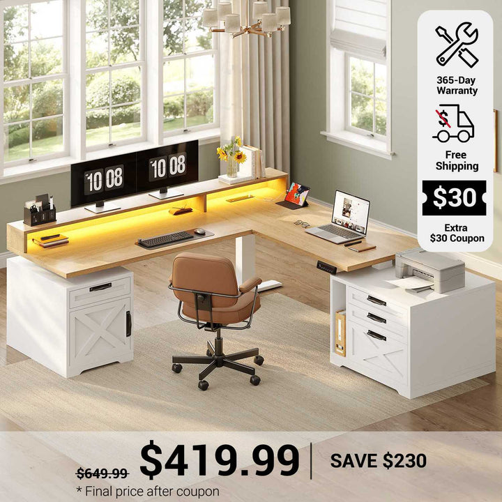 SEDETA 70.1 Inch Farmhouse L Shaped Standing Desk Electric Height Adjustable Executive Desk with Drawers Power Outlet Printer Stand Monitor Stand Led Lights