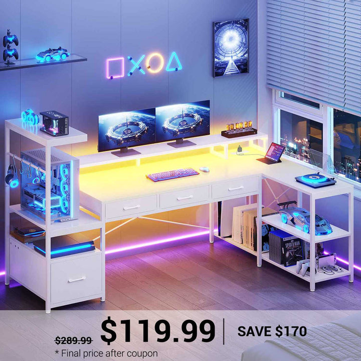 SEDETA® 59 Inch Reversible Computer Desk with Storage Shelves 4 Drawer L Shaped Gaming Desk with PC Display Stand Modern Gamer Desk Table with LED Lights