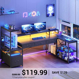 SEDETA | 59 Inch Reversible Gaming Desk with LED Lights L Shaped Computer Desk with Storage Shelves 4 Drawers Modern Gamer Desk Table with PC Display Stand