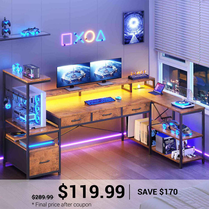 SEDETA® 59 Inch Reversible Computer Desk with Storage Shelves 4 Drawer L Shaped Gaming Desk with PC Display Stand Modern Gamer Desk Table with LED Lights