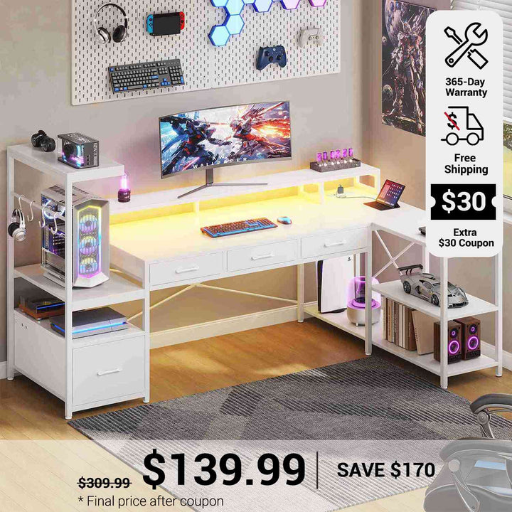 SEDETA 59 Inch L Shaped Gaming Desk with PC Display Stand Reversible Computer Desk with Storage Shelves 4 Drawer Modern Gamer Desk Table with LED Lights