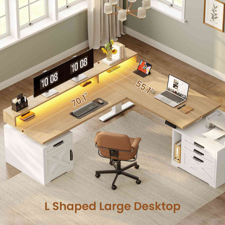 SEDETA 70.1 Inch Farmhouse L Shaped Standing Desk Electric Height Adjustable Executive Desk with Drawers Power Outlet Printer Stand Monitor Stand Led Lights
